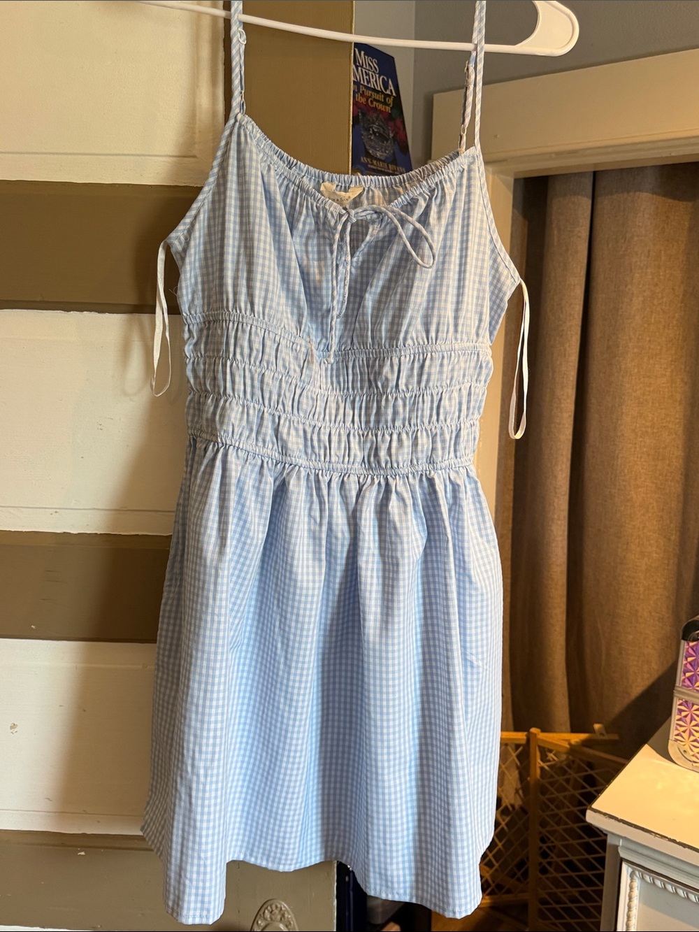 Light Blue Gingham Mini Dress with Smocked Waist